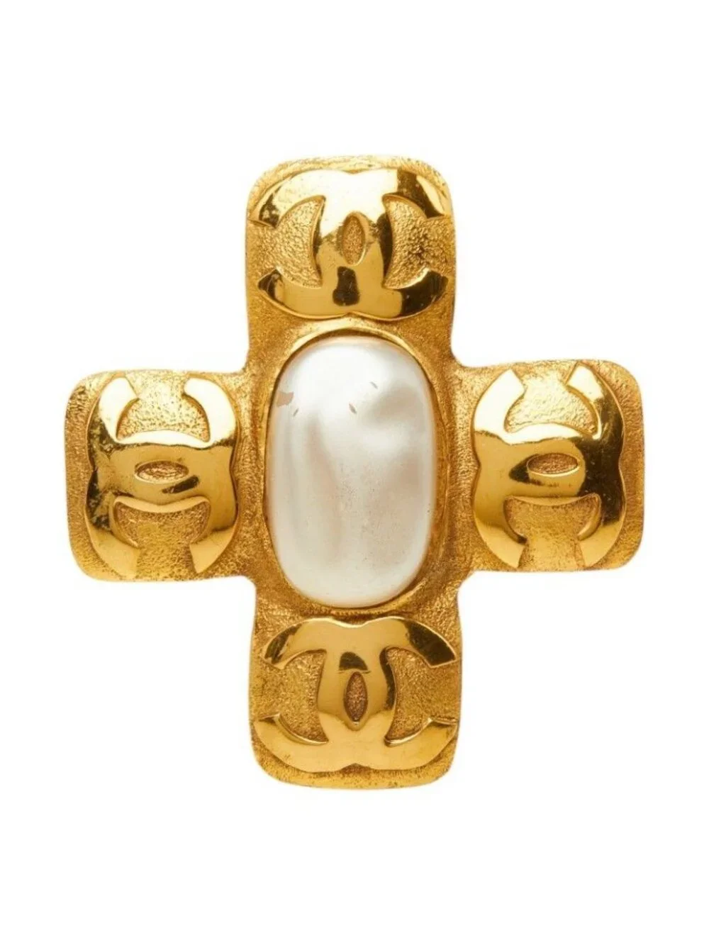 Chanel CC Logo Vintage Cross Brooch Gold Plated Faux Pearl